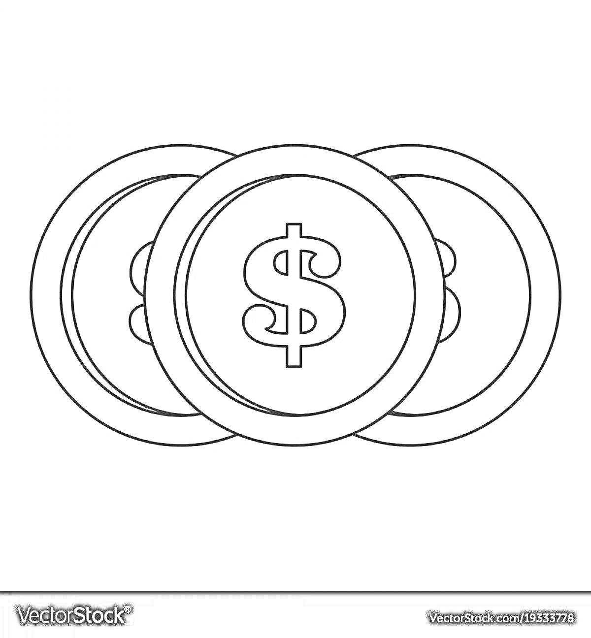 Раскраска Три монетки с долларовым знаком