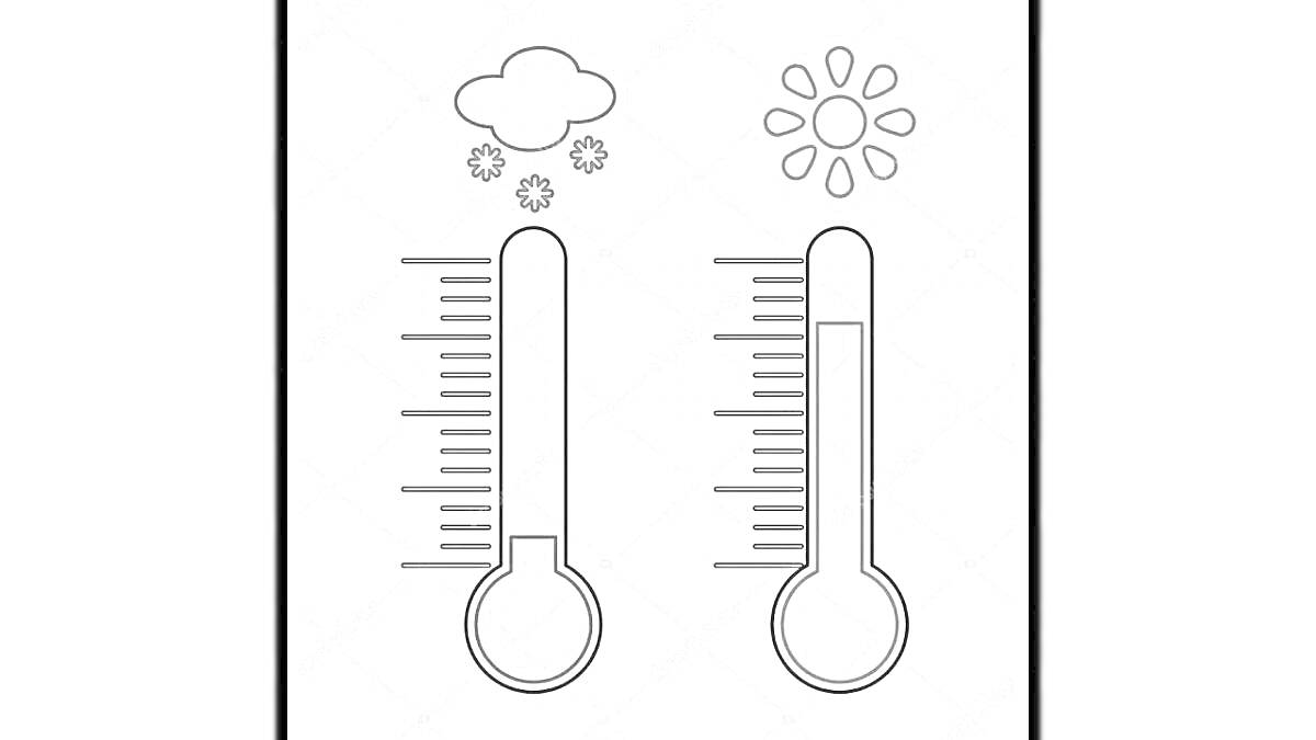 Раскраска Два термометра с отметками температуры, один с облаком и снежинками, второй с солнцем