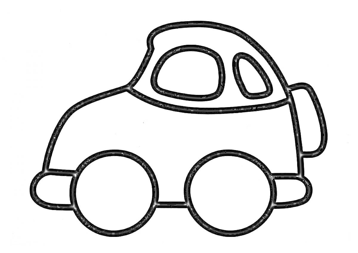 Раскраска Машина с двумя круглыми колесами, овальными окнами и крышей