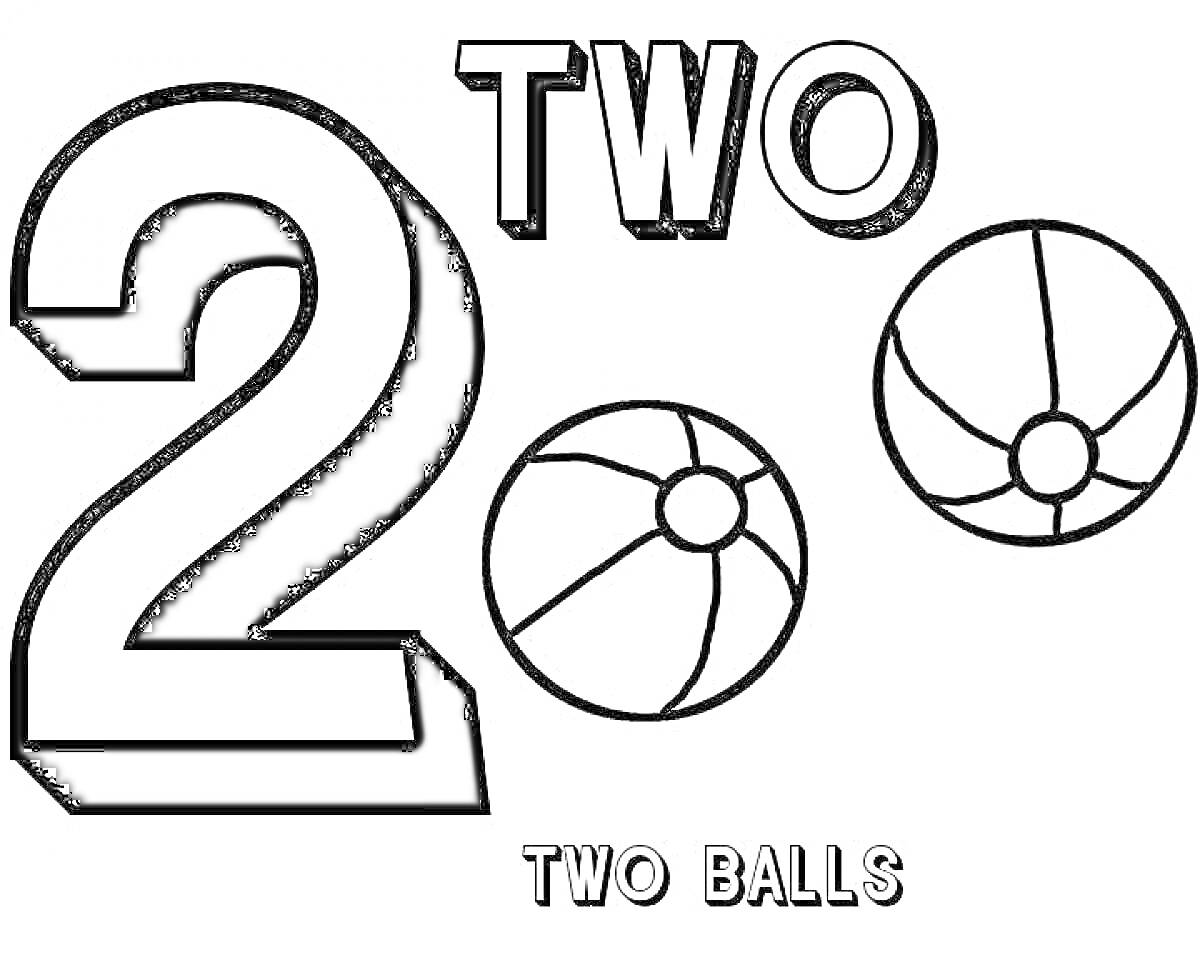 На раскраске изображено: Мячи, Цифра 2, Английский язык, Цифры