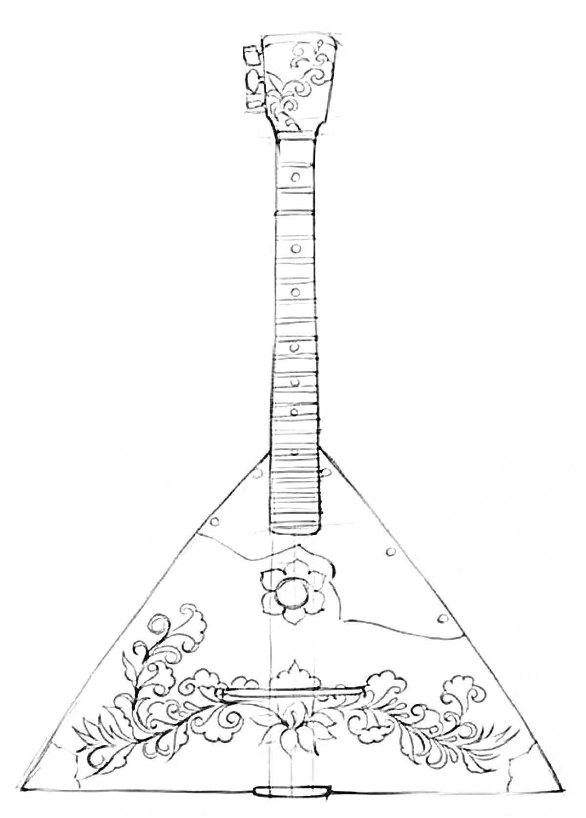 Раскраска Балалайка с декоративными узорами по корпусу и грифу
