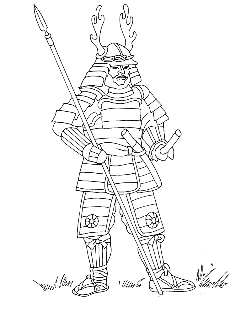 Раскраска Самурай в доспехах с копьём и мечами на траве