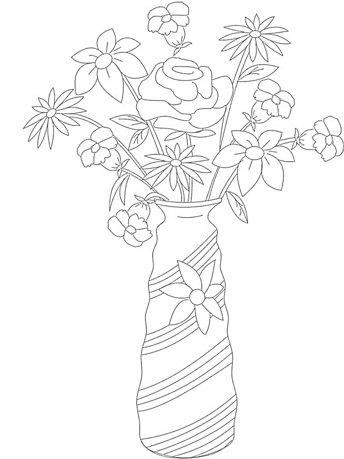 На раскраске изображено: Цветы, Ваза, 6-7 лет, Цветы в вазе