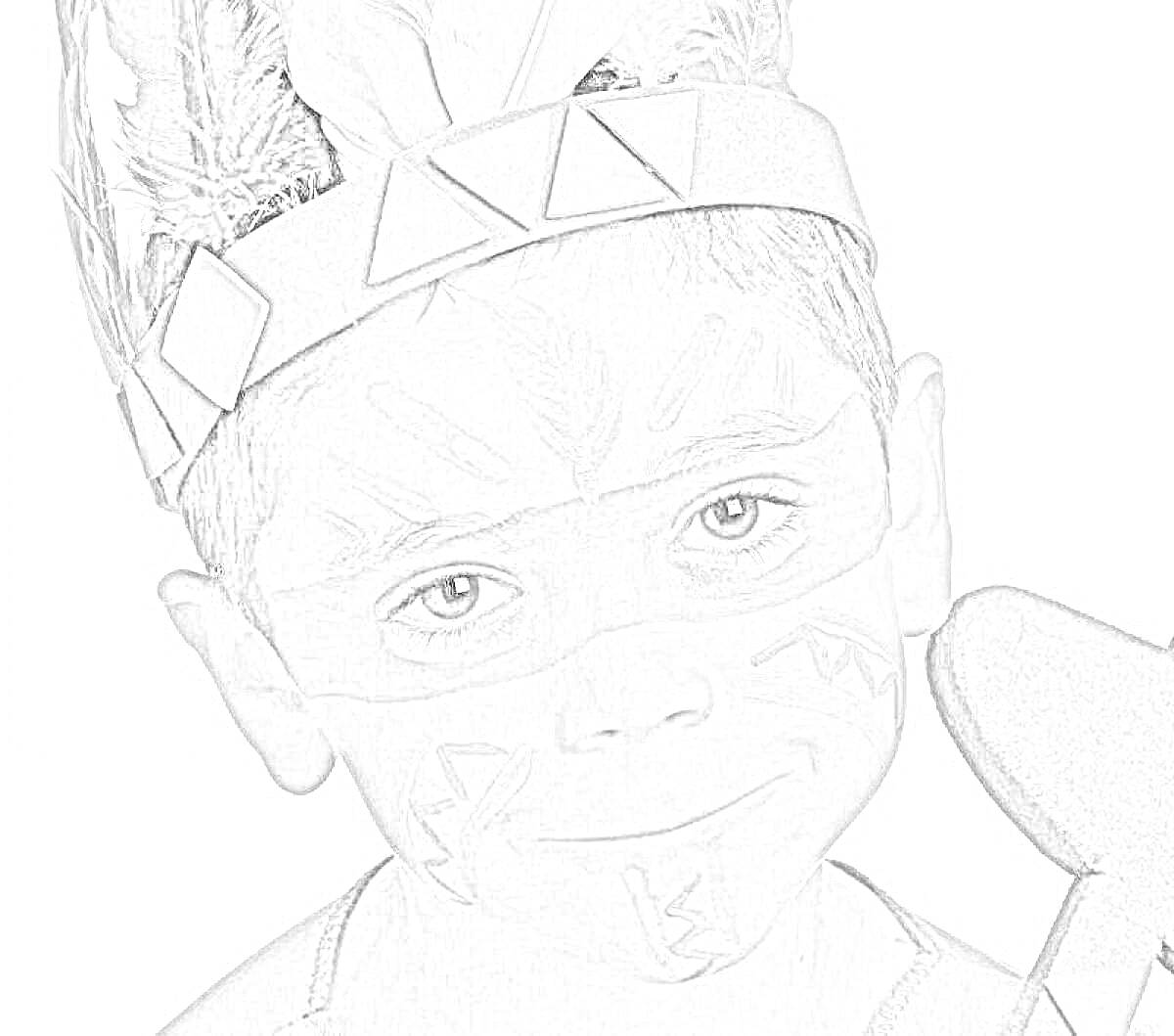 Раскраска Мальчик с рисунками индейцев на лице, в головном уборе с перьями