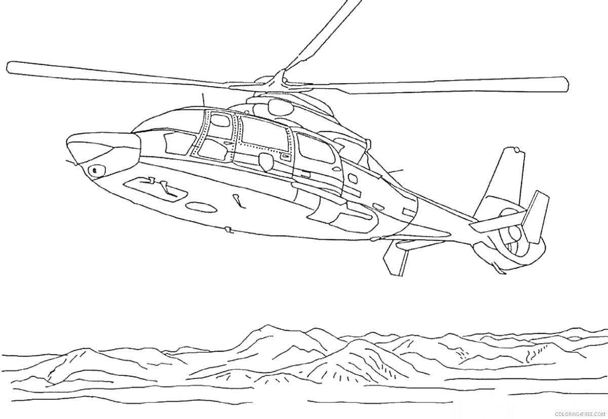 Раскраска Вертолет в полете над горным пейзажем