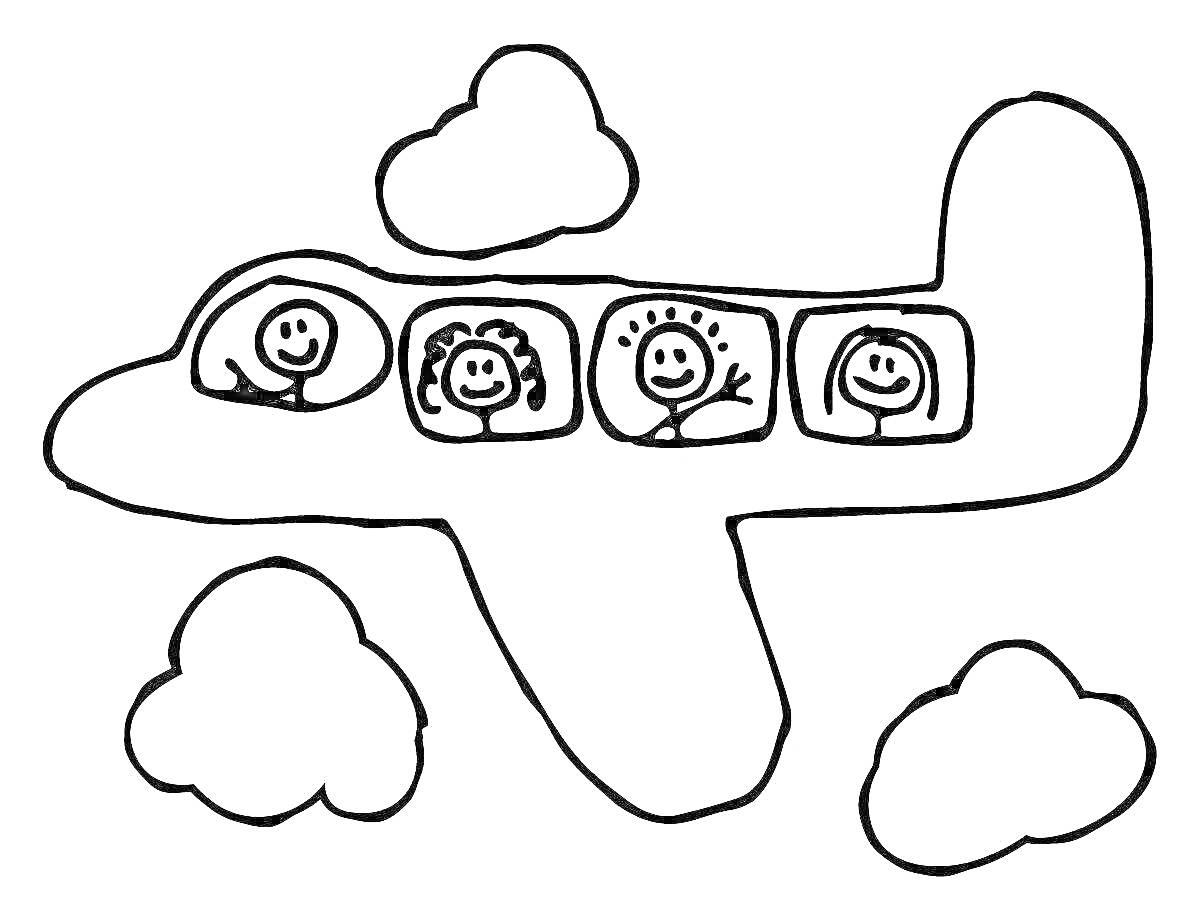 На раскраске изображено: Пассажиры, Небо, Облака, Веселые лица, Летательный аппарат