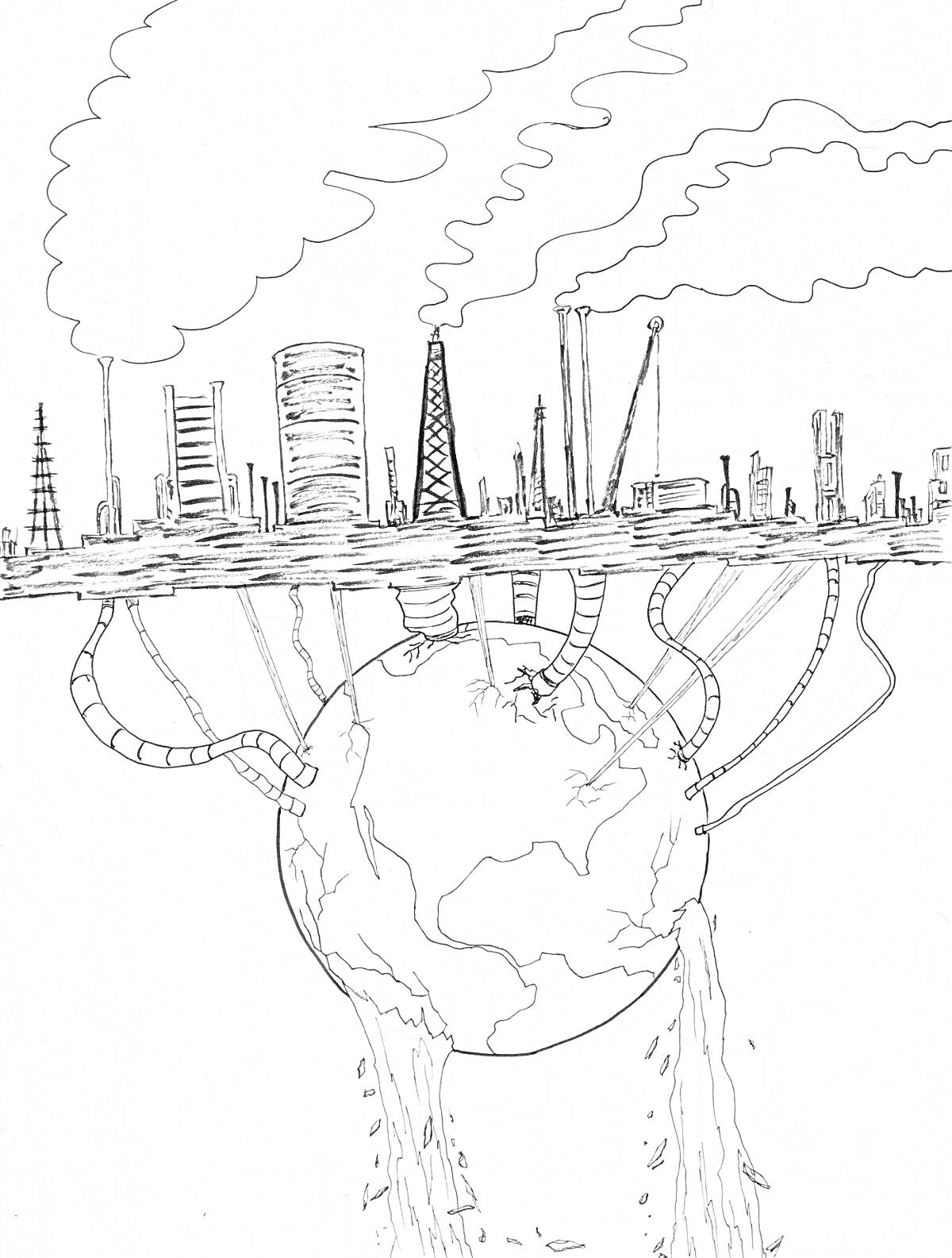 Раскраска Заводы, трубы и загрязнённый воздух, трубы в земном шаре с выбросом жидкости