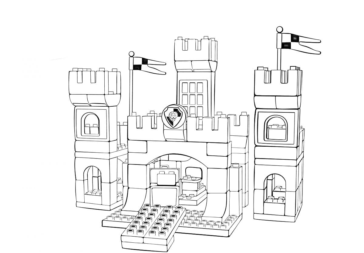 Раскраска Замок из конструктора Лего с тремя башнями, тремя флагами и подъемным мостом