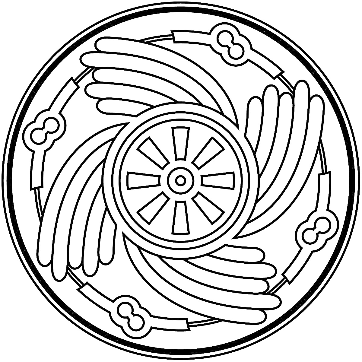 Раскраска Мандала с центральным кругом-солнышком, крыльями и ободом с элементами в форме замочной скважины