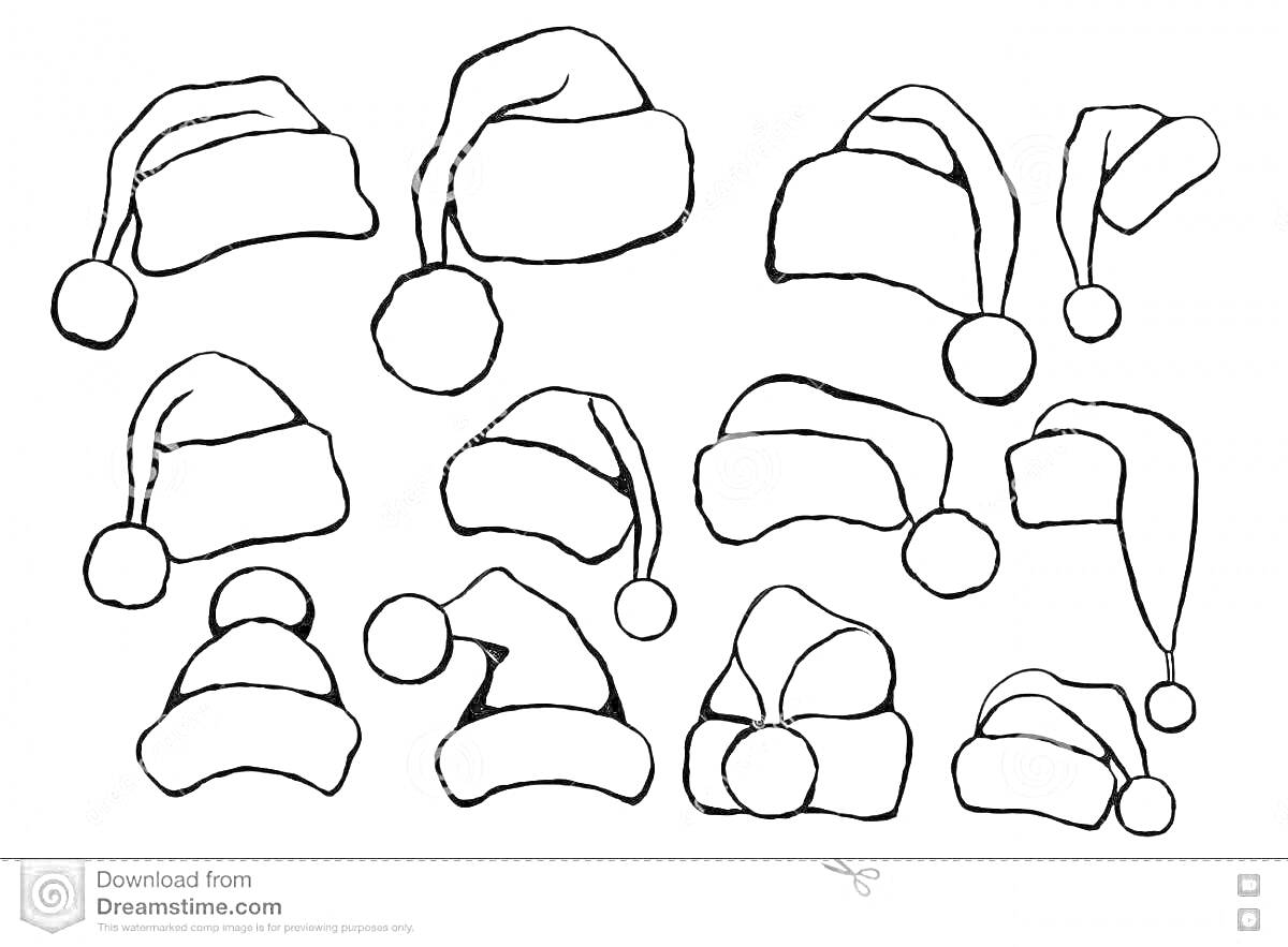 Раскраска Различные виды шапок Деда Мороза для раскраски