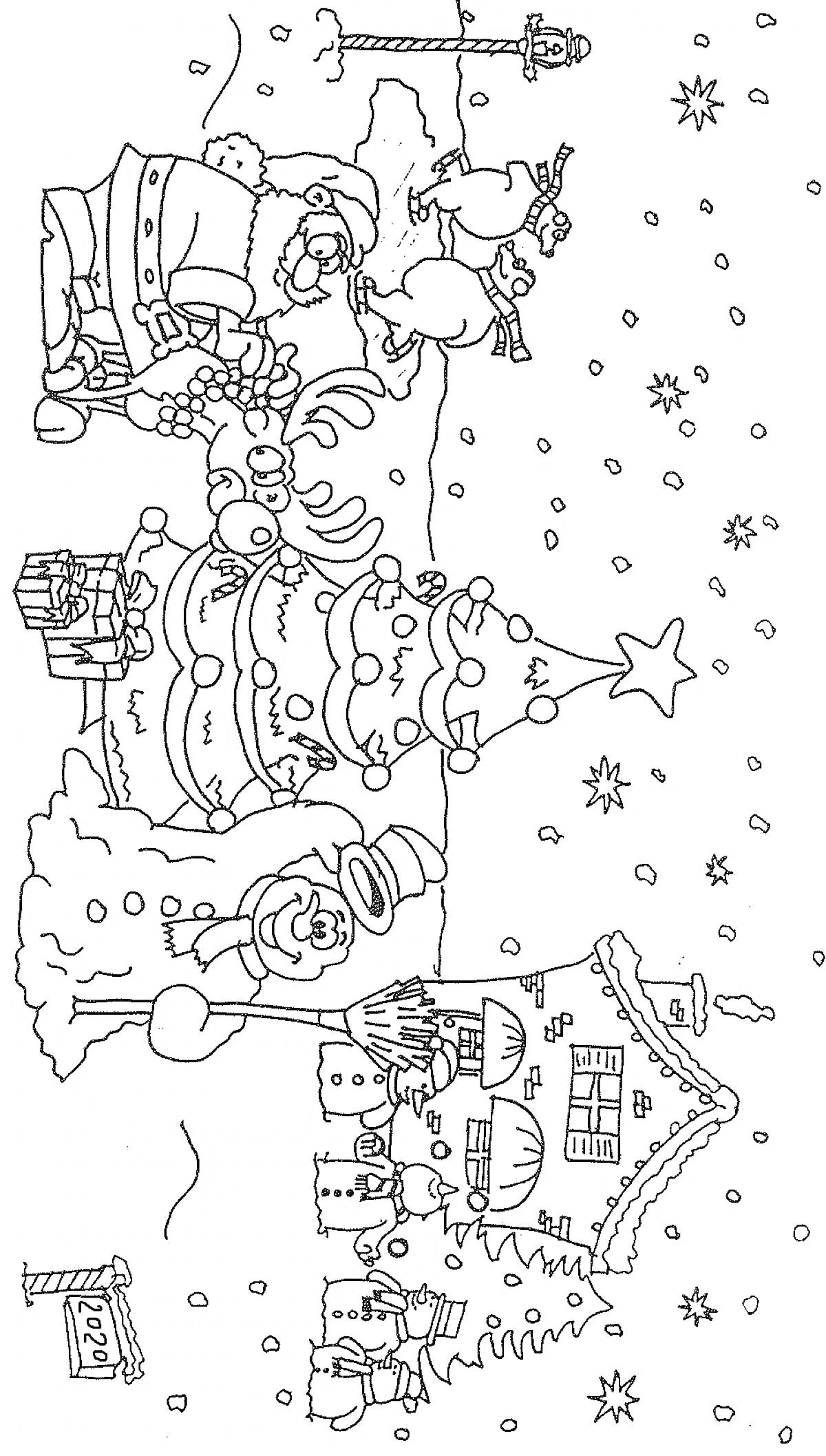 На раскраске изображено: Дед Мороз, Снегурочка, Олень, Зима, Снег, Новый год