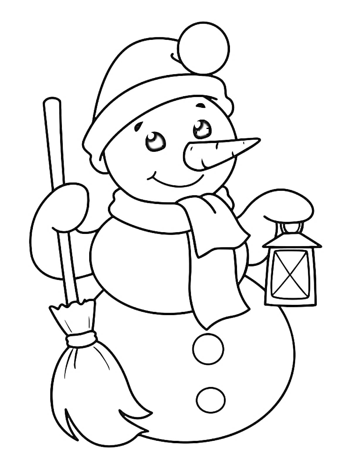 На раскраске изображено: Метла, Зимняя шапка, Шарф, Новый год, Зима, Для детей, Снеговики, Фонари