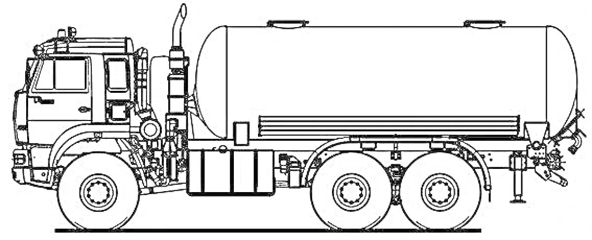 Раскраска Раскраска для детей с изображением бензовоза, колеса, кабина водителя, цистерна, выхлопная труба, детали рамы
