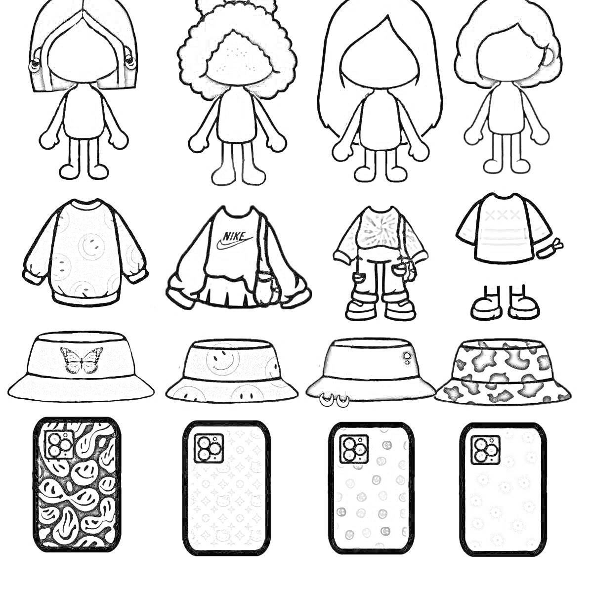 Раскраска Персонажи из Тока Бока без одежды, четыре персонажа с вариантами одежды, головных уборов и аксессуаров