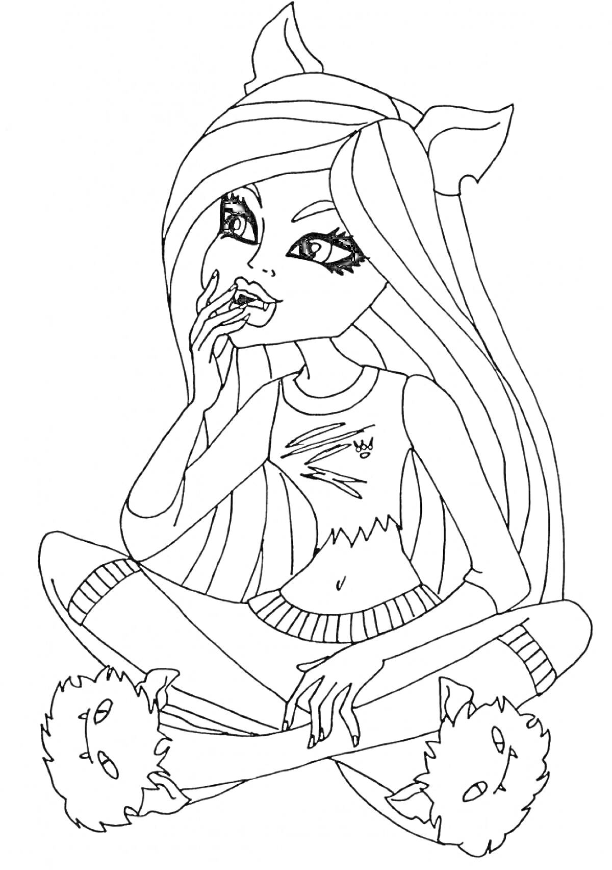 Раскраска Девушка-монстр в топе с символом молнии сидит, скрестив ноги, и ест, с ушами на голове и тапочками в виде монстров