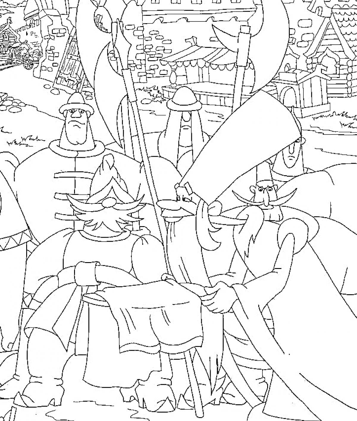 На раскраске изображено: Богатырь, Деревня, Флаг, Оружие, Группа, Русский фольклор