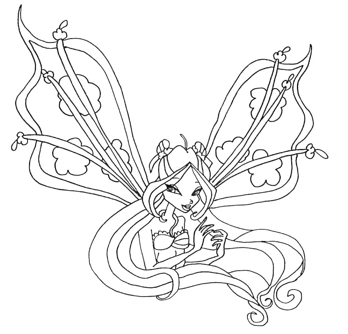 Раскраска Девушка-фея с длинными волосами и большими крыльями