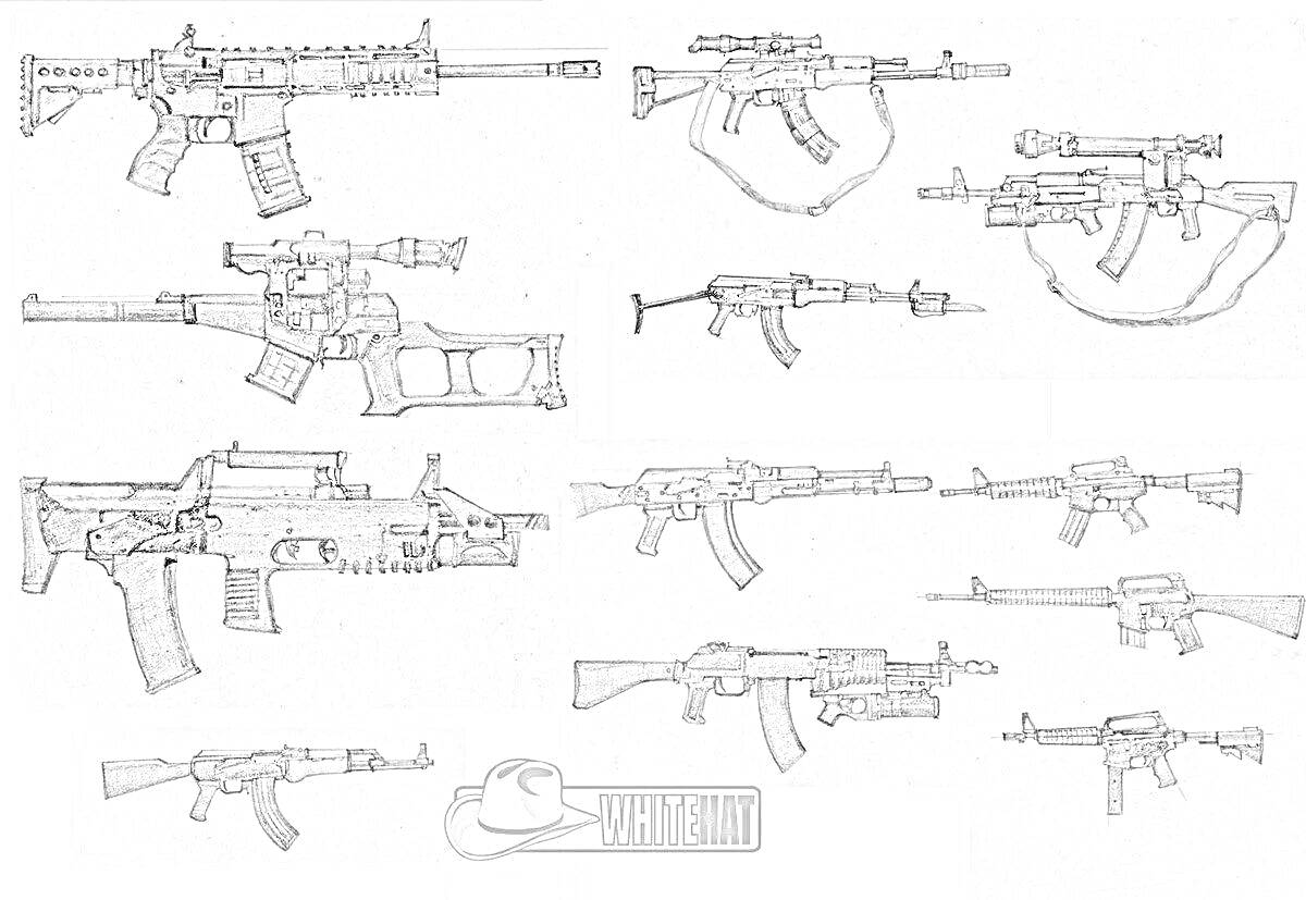 Раскраска Различные виды огнестрельного оружия - штурмовые винтовки, автоматы и снайперские винтовки