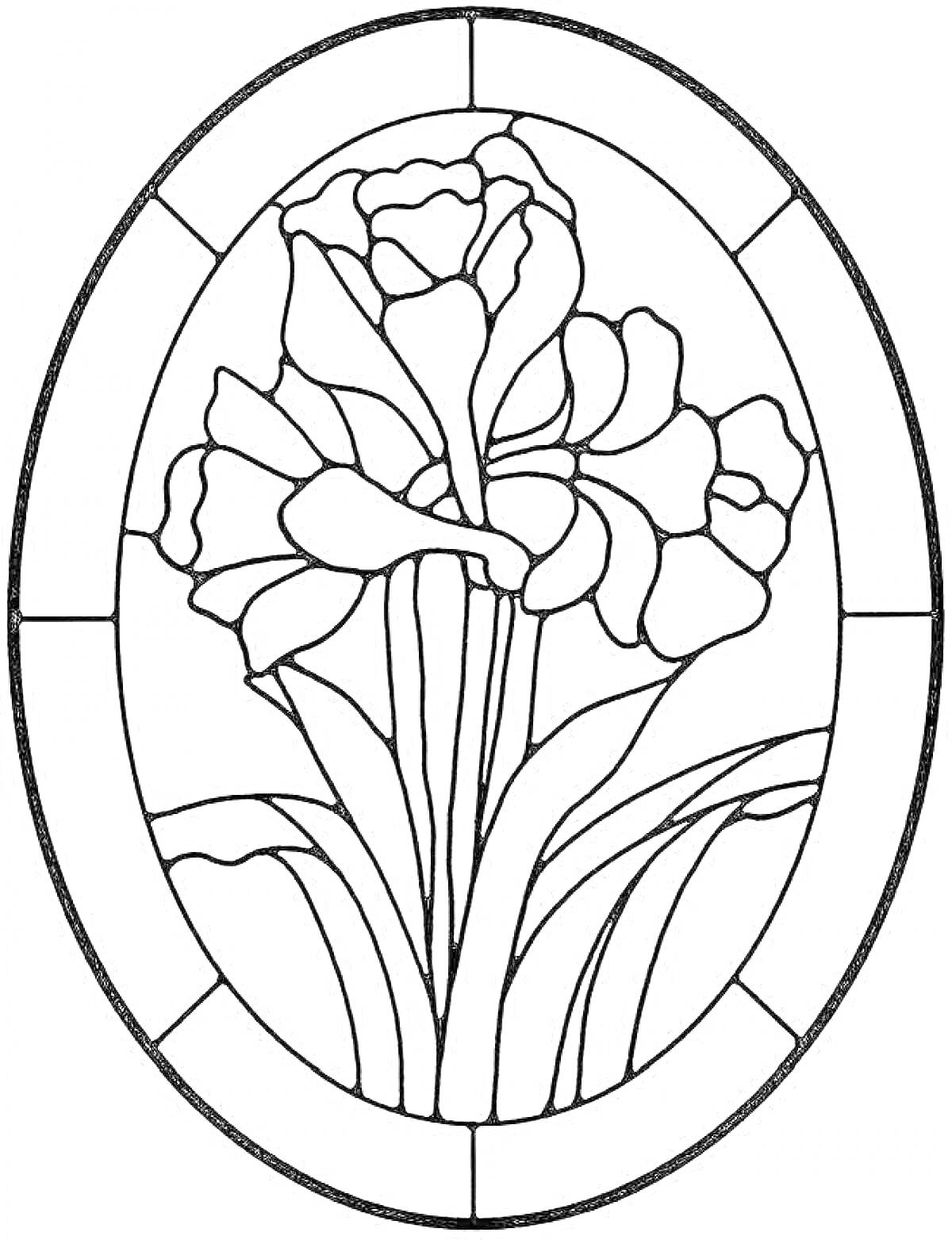 На раскраске изображено: Витраж, Цветы, Листья, Овальная рамка, Ботаника