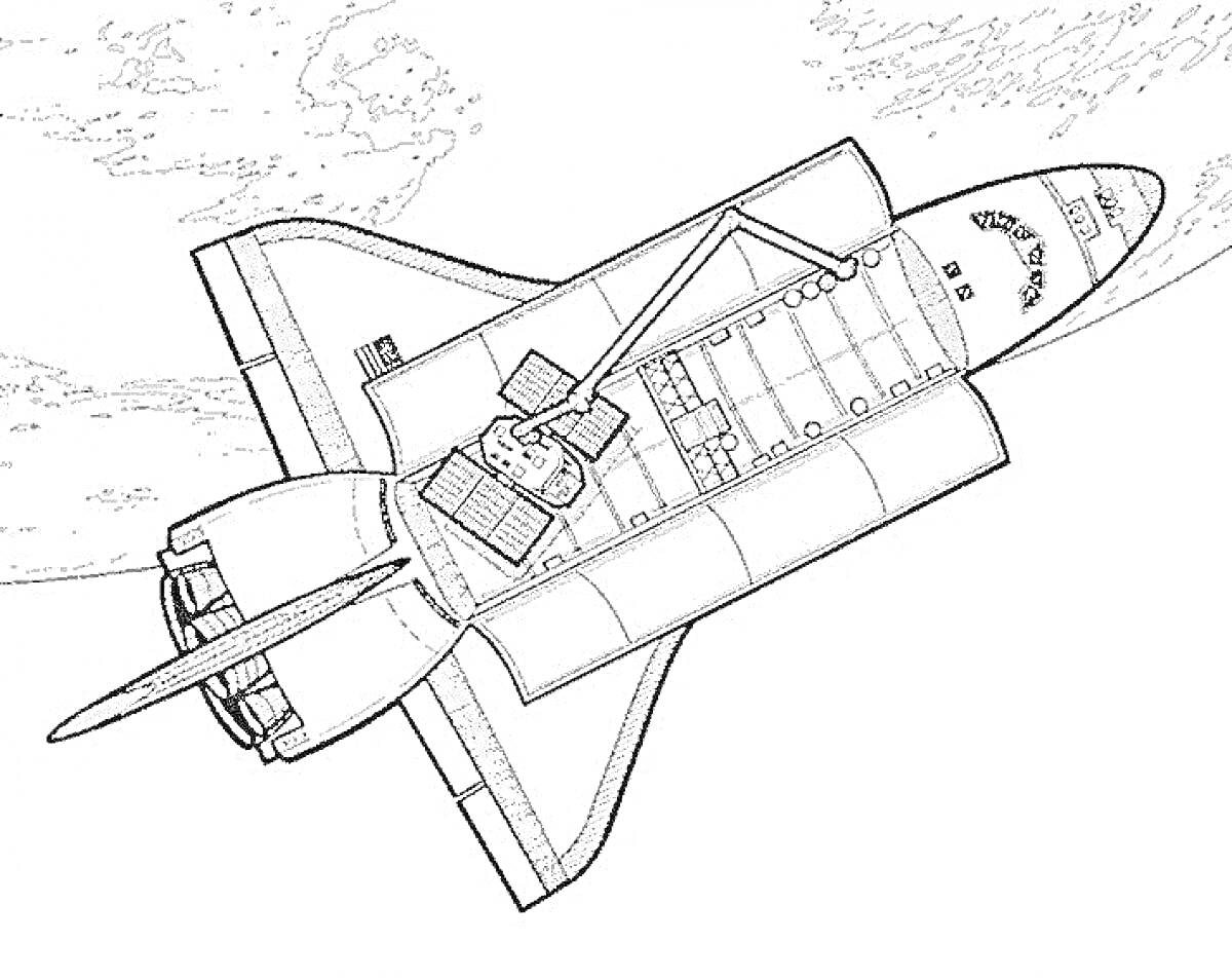 Раскраска Чертеж шаттла в космосе на фоне планеты с открытым грузовым отсеком и оборудованием внутри