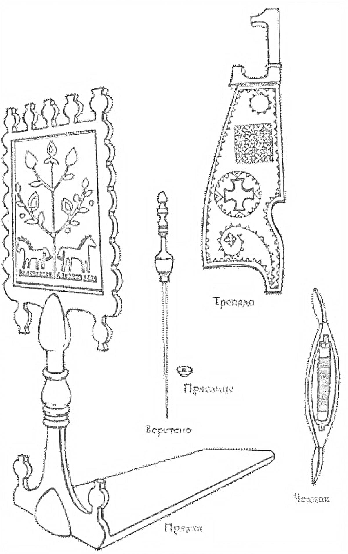 Прялка с представленными элементами: прялка, веретено, челнок, прясильце