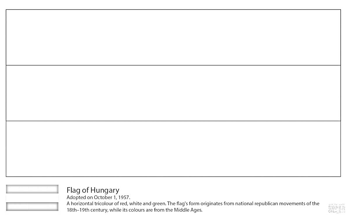 Раскраска Раскраска флага Венгрии для детей (серийный номер #305), на которой изображён флаг с трёх горизонтальными полосами: красной, белой и зелёной.