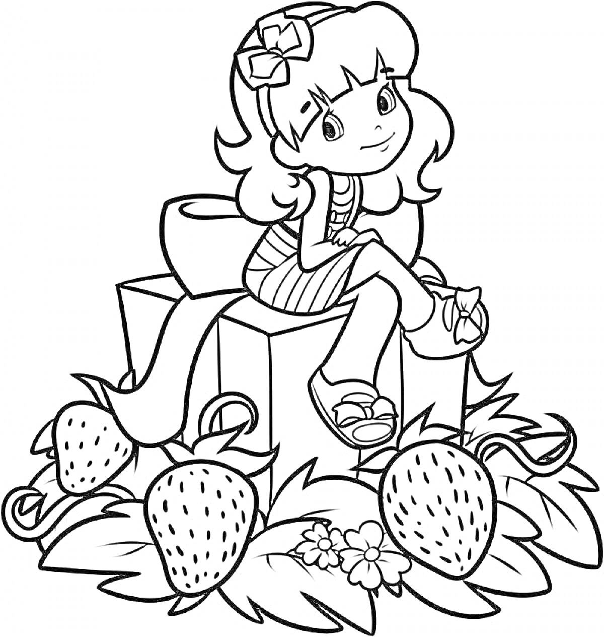 Раскраска Девочка с бантом в волосах сидит на коробке среди клубники и цветов