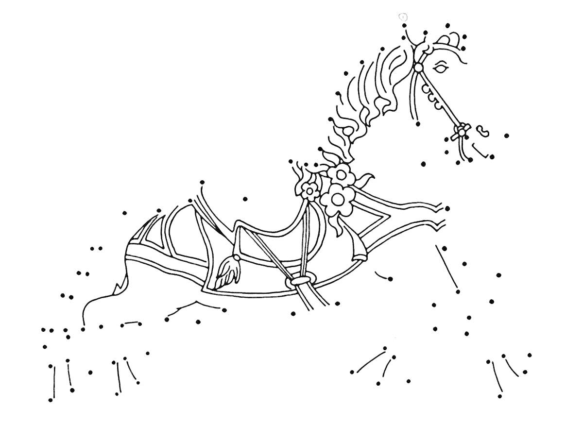 На раскраске изображено: Лошадь, Цифры, Точки, Цветы, Уздечка