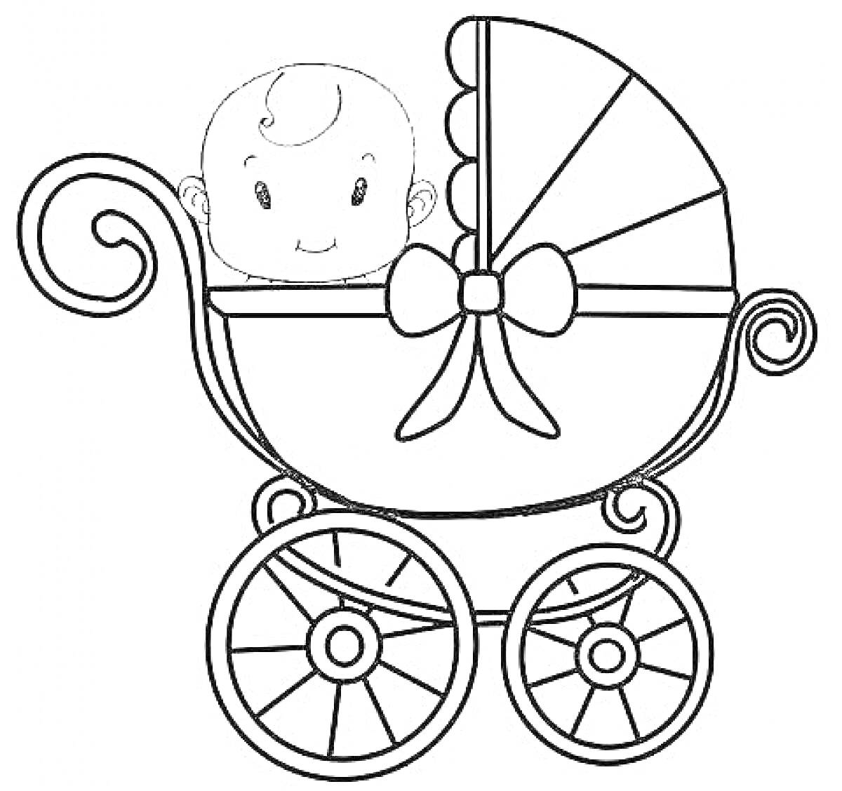 Раскраска Коляска с младенцем, большим бантом, причудливыми колесами и навесом.