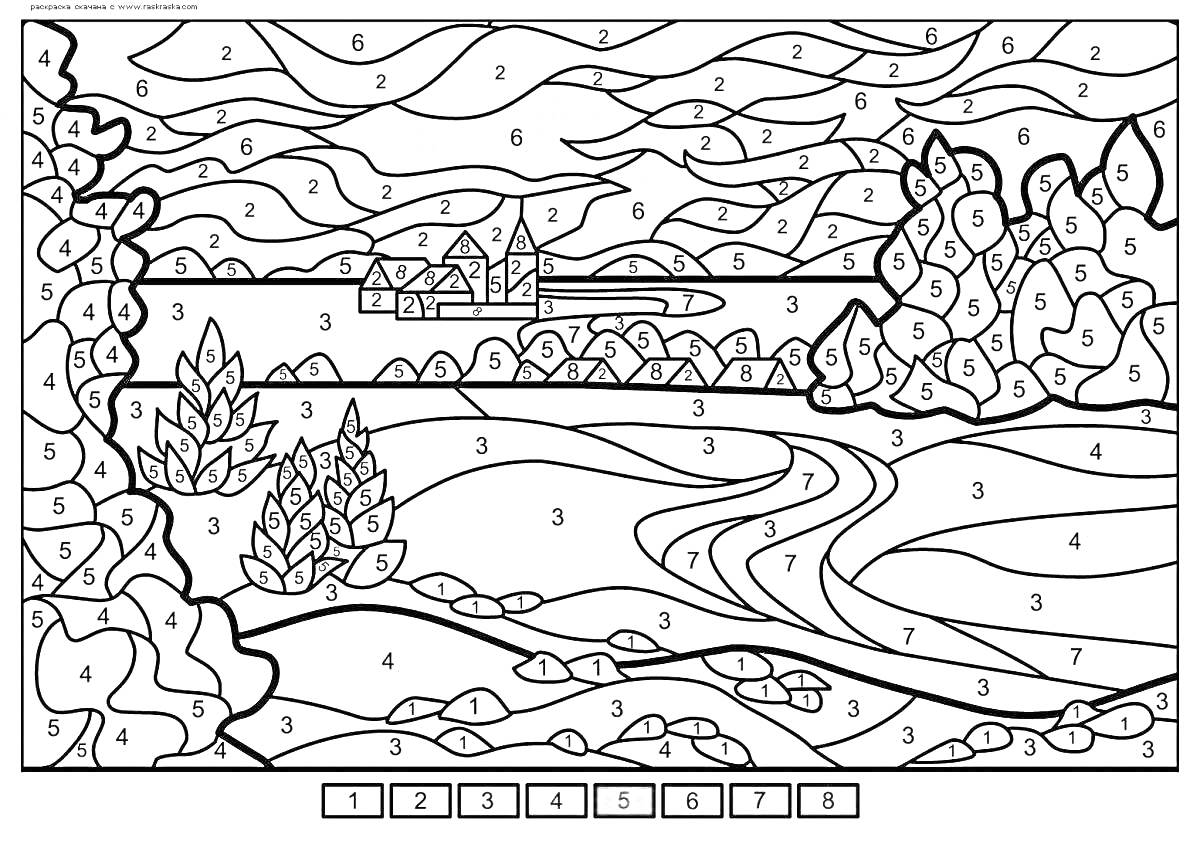 Раскраска Пейзаж с замком, рекой и лесом