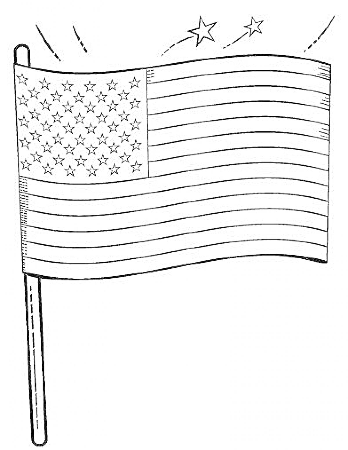 Раскраска Флаг США с 50 звездами, 13 полосами и дополнительными звездами вокруг