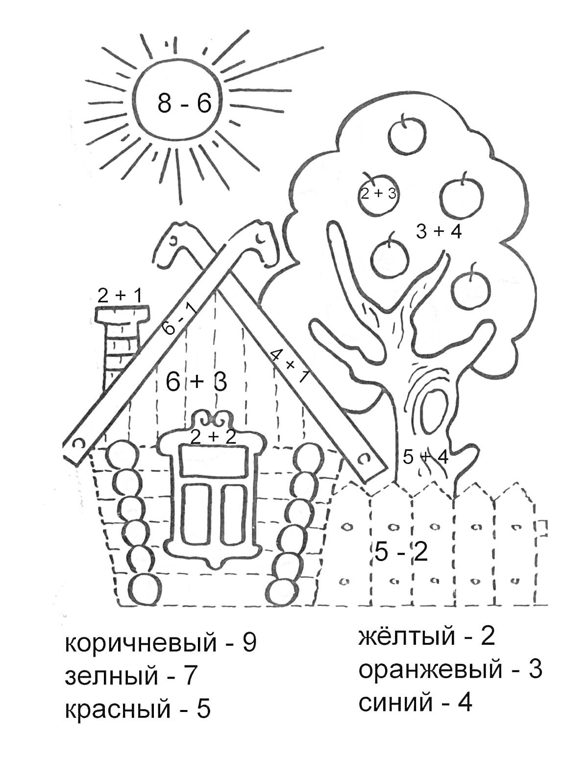 Раскраска Домик, забор, дерево с яблоками, солнце с математическими примерами