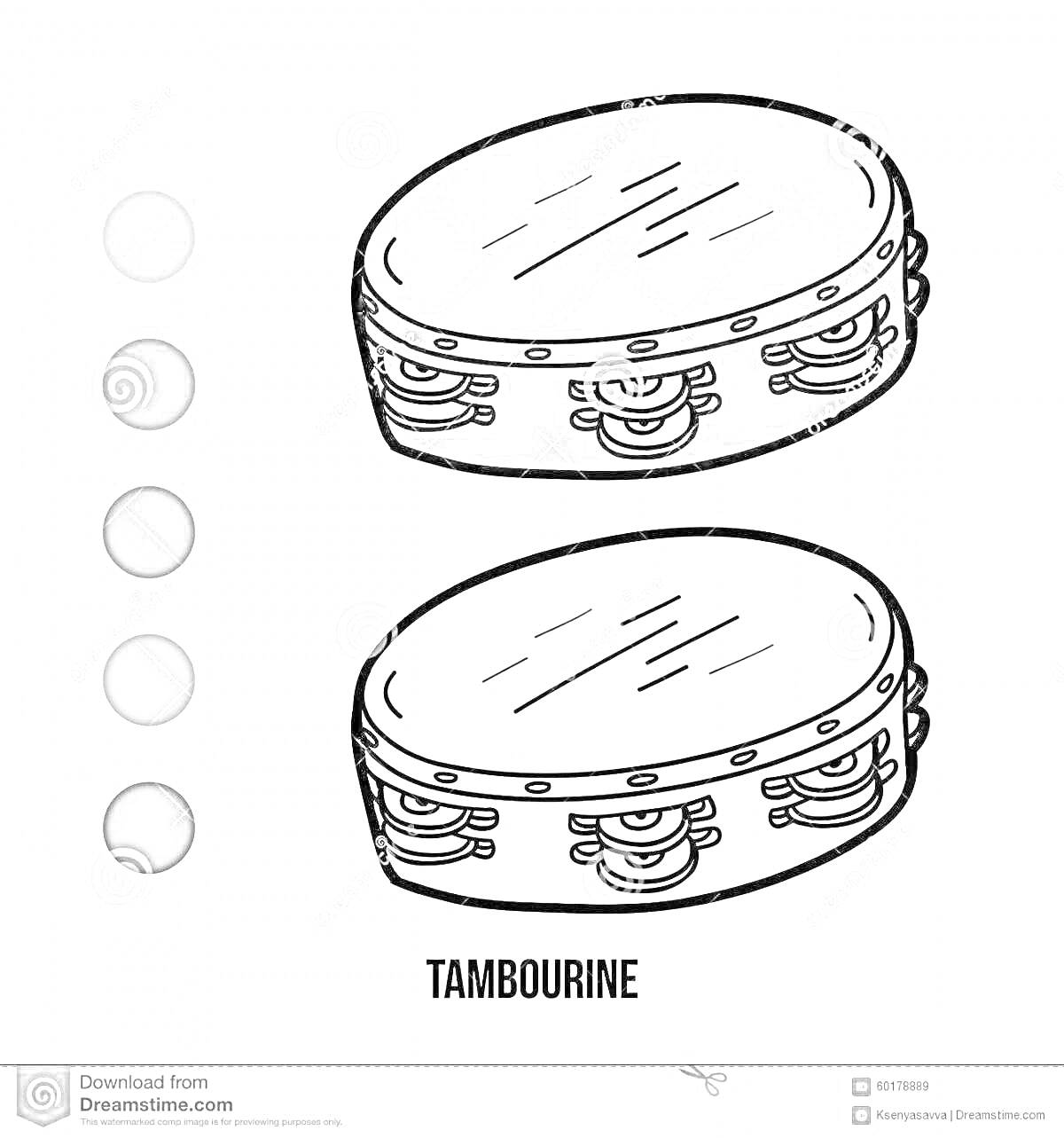 На раскраске изображено: Бубен, Музыкальные инструменты, Контурные рисунки