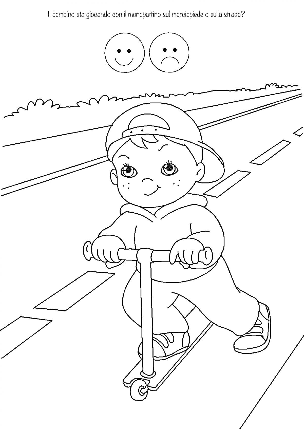 На раскраске изображено: Безопасность, Железная дорога, Ребенок, Самокат, Дороги, Тротуар