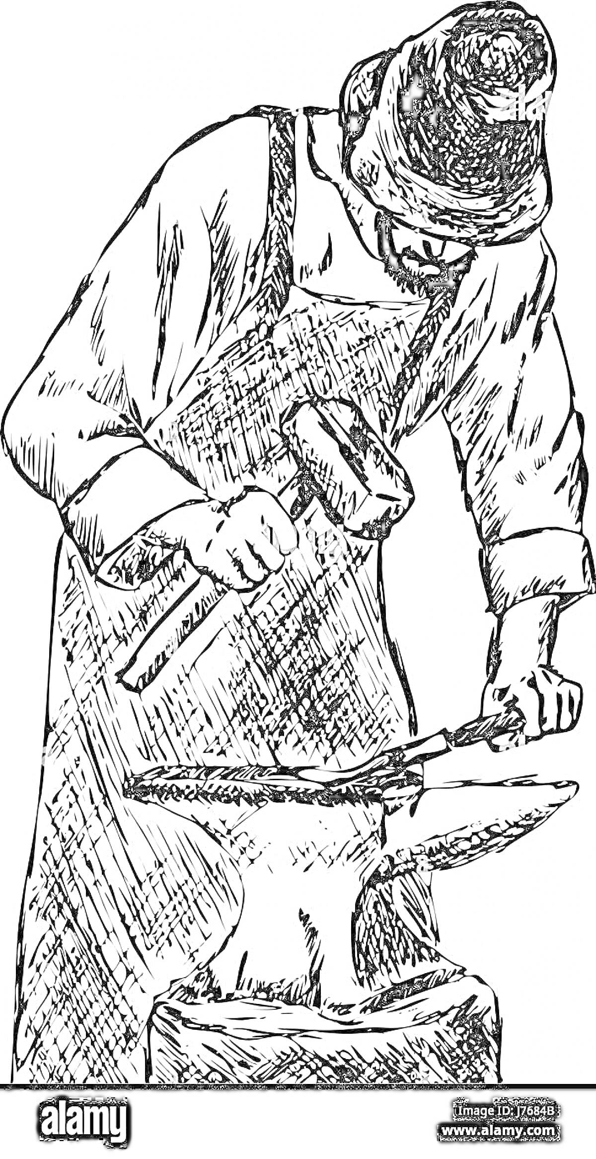 Раскраска Кузнец, работающий на наковальне с молотом и клещами