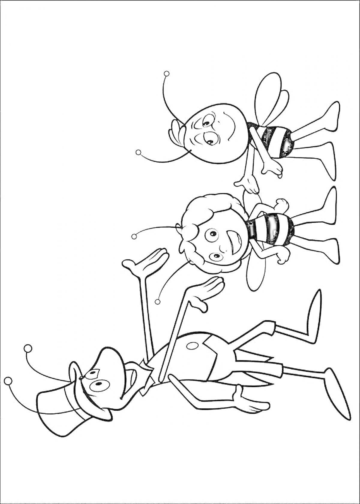 На раскраске изображено: Пчелка Майя, Дружба, Кузнечик, Пчелы