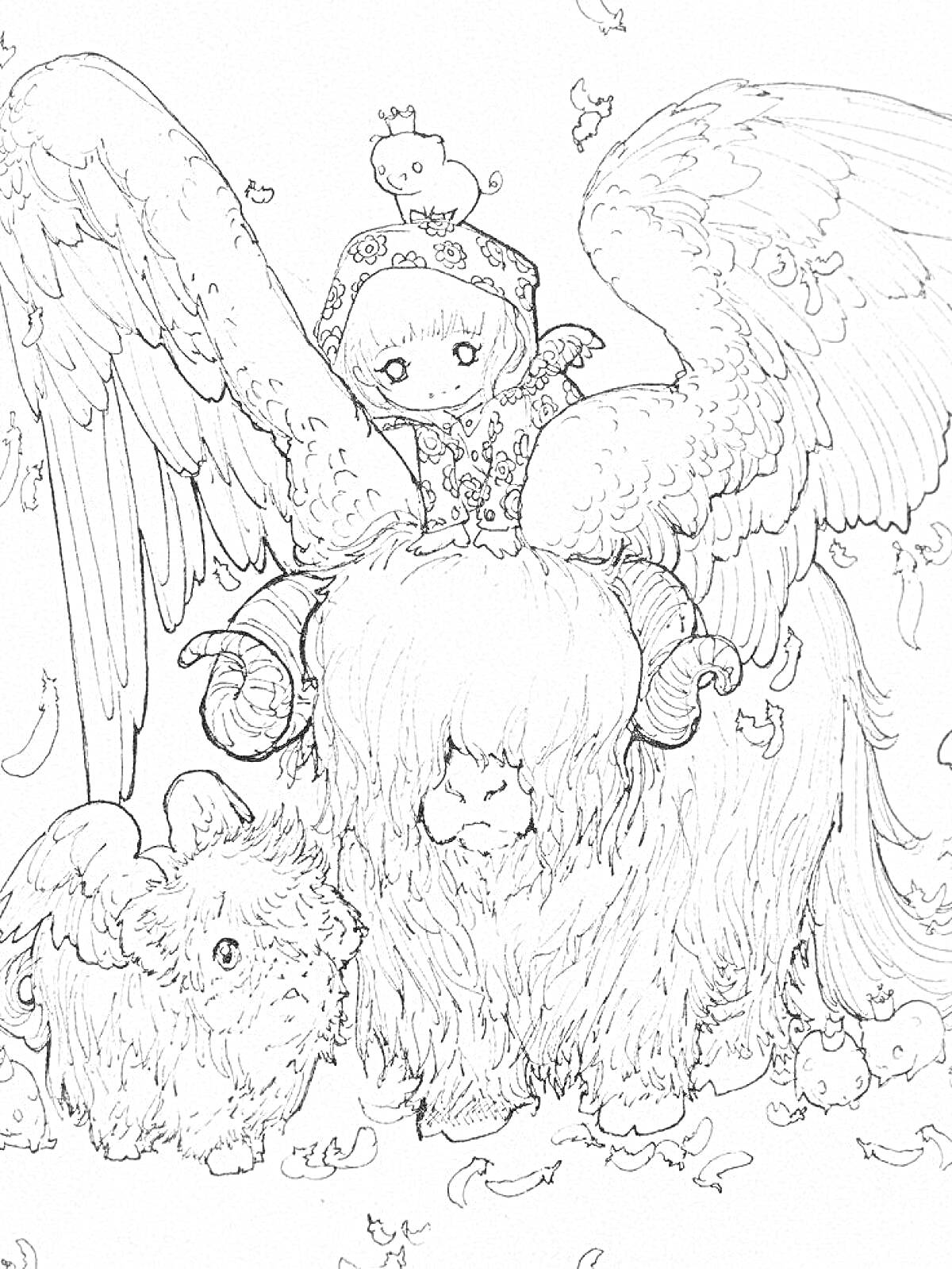 Раскраска Девочка с крыльями на овце с рогами, рядом маленькая собачка и птицы