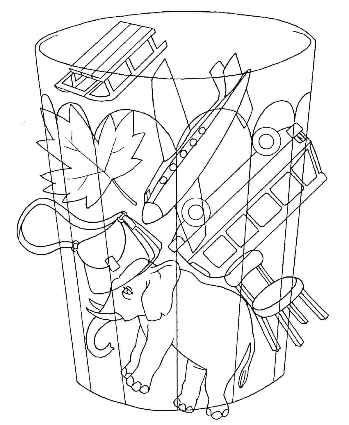 Раскраска Сумбурный стакан с санками, листом, самолетом, поездом, чашкой, слоном и стулом