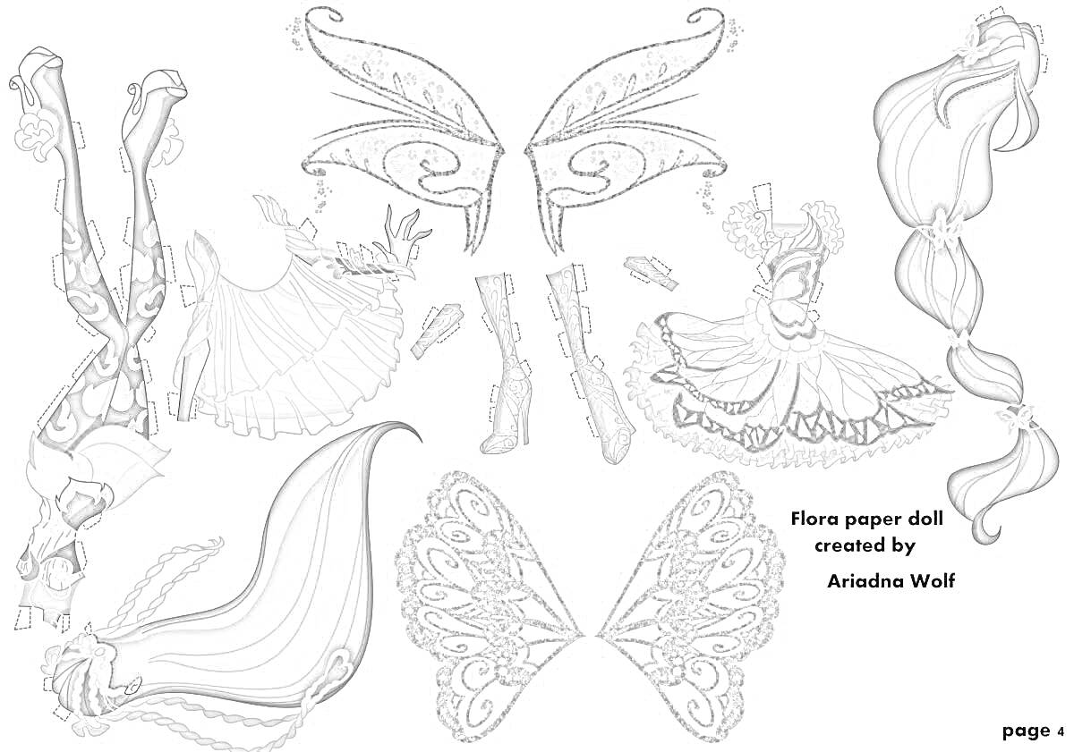 Раскраска Фея с одеждой - платья, крылья, волосы, обувь