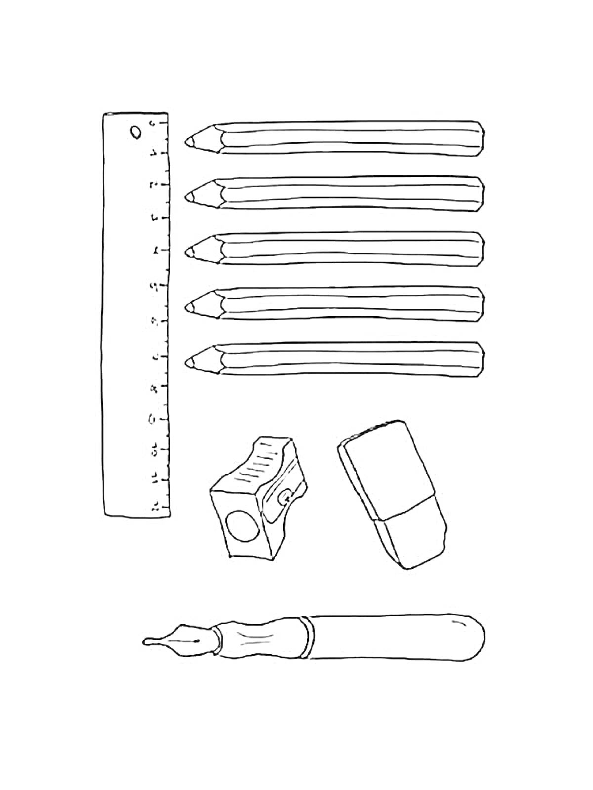 На раскраске изображено: Канцелярия, Линейка, Карандаши, Точилка, Ластик, Перьевая ручка