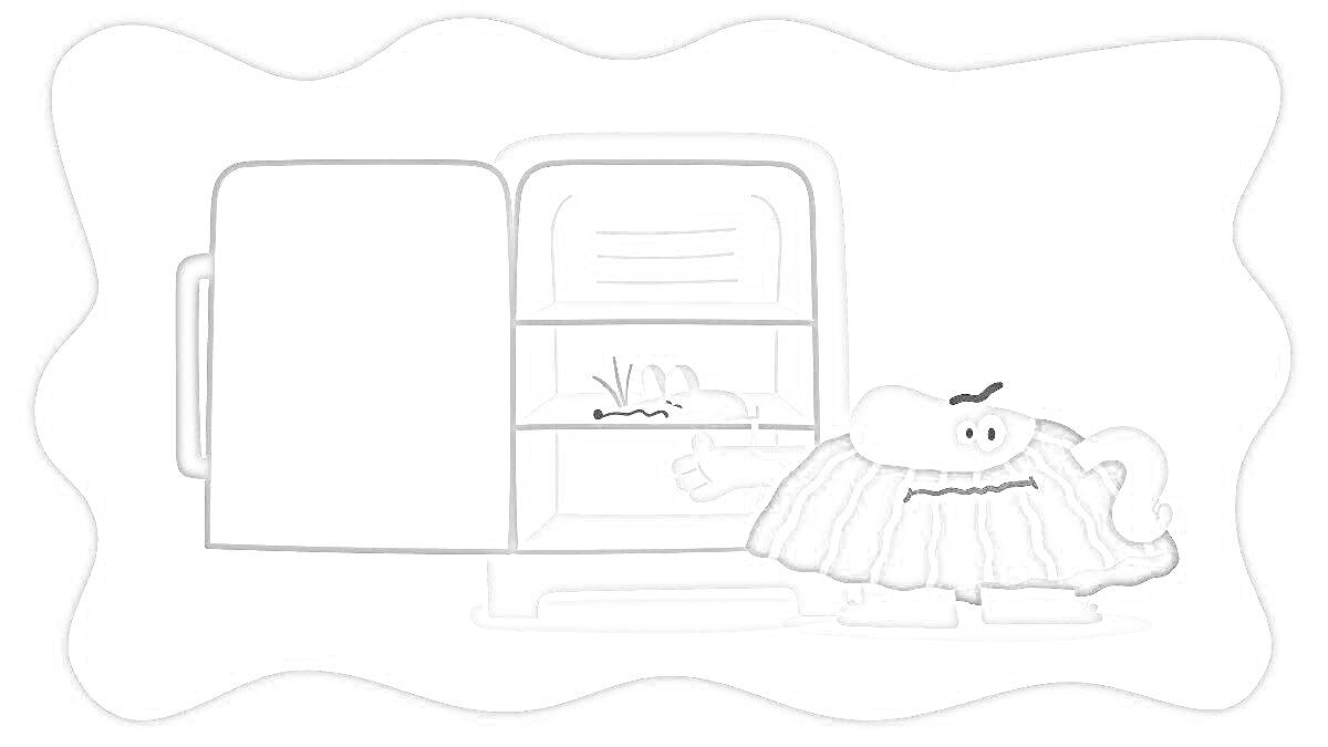 Раскраска Бодо Бородо рядом с открытым холодильником с едой внутри
