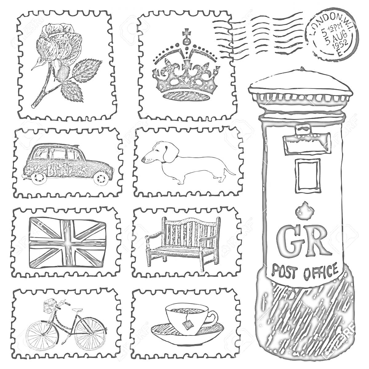 На раскраске изображено: Корона, Такса, Флаг Великобритании, Велосипед, Почтовый ящик, Печать, Лондон