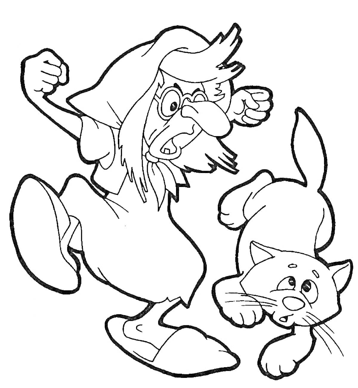 На раскраске изображено: Баба Яга, Кот