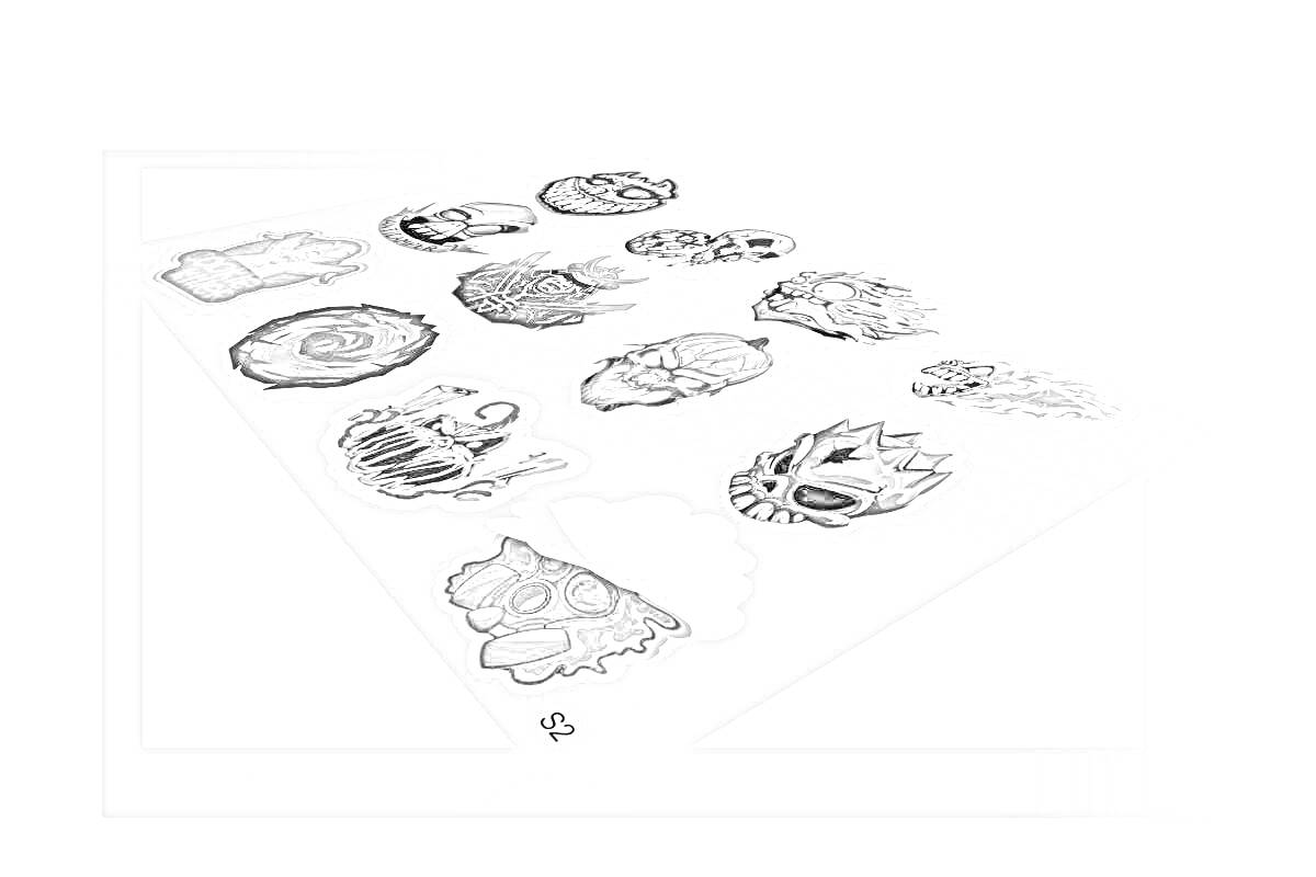 Раскраска Наклейки из Standoff 2 с изображениями волка с цилиндром, ужасного черепа, газовой маски, дракона и других элементов