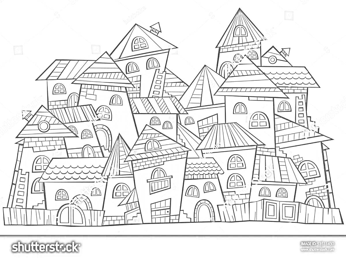 Раскраска дома с крышами, окнами и дверями, расположенные друг за другом