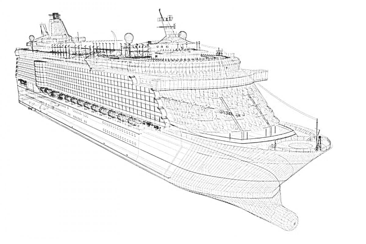 Контурное изображение круизного корабля с множеством палуб, окон, антенн, труб и спасательными шлюпками по бокам