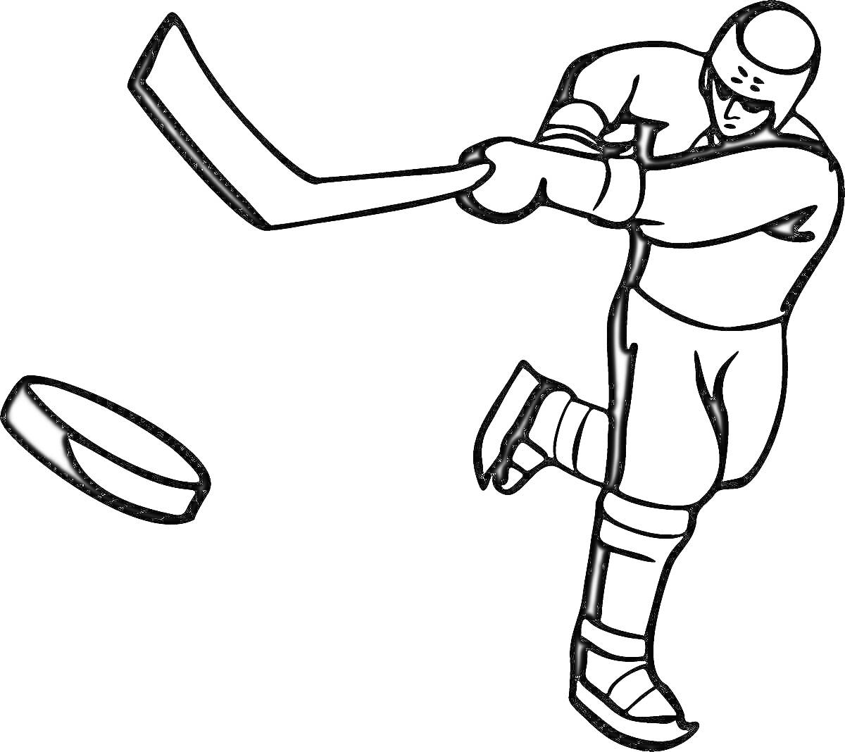 На раскраске изображено: Хоккей, Шайба, Клюшка, Спорт, Зимний спорт