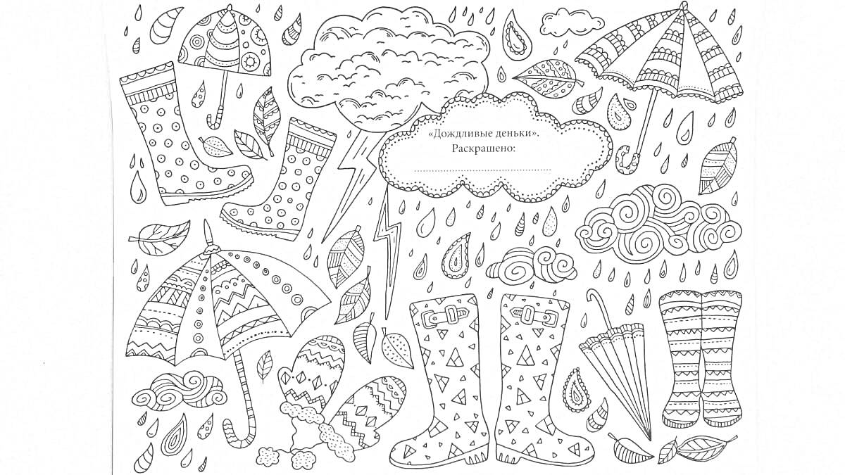 Раскраска Резиновые сапоги с зонтиками, облаками, каплями дождя и варежками