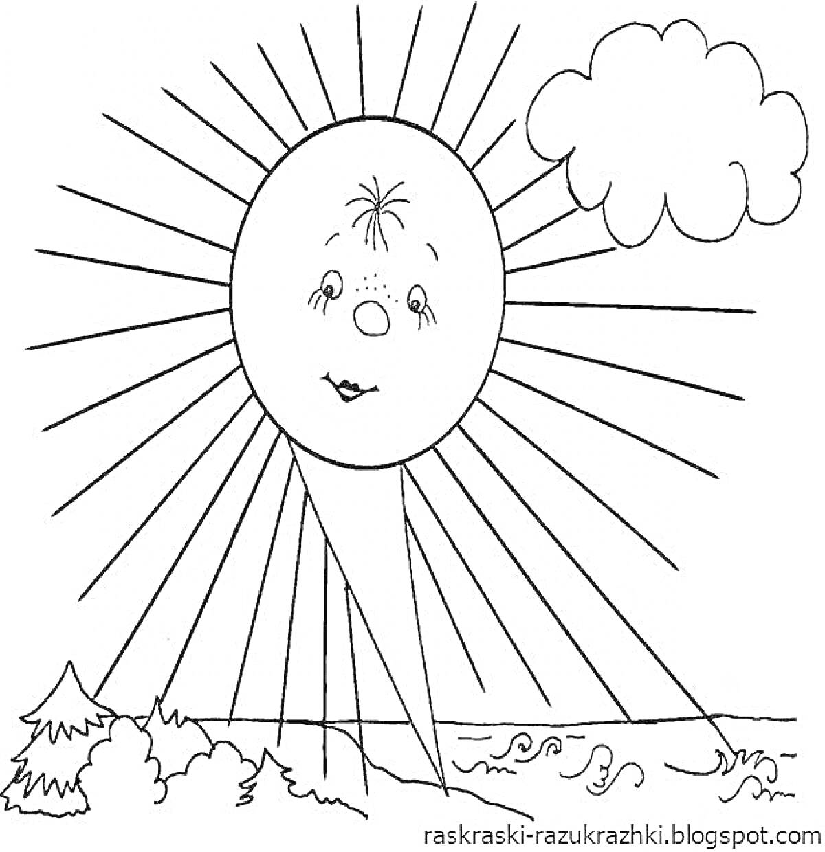На раскраске изображено: Солнце, Лицо, Деревья, Природа, Водоем, Волны, Для детей, Облака