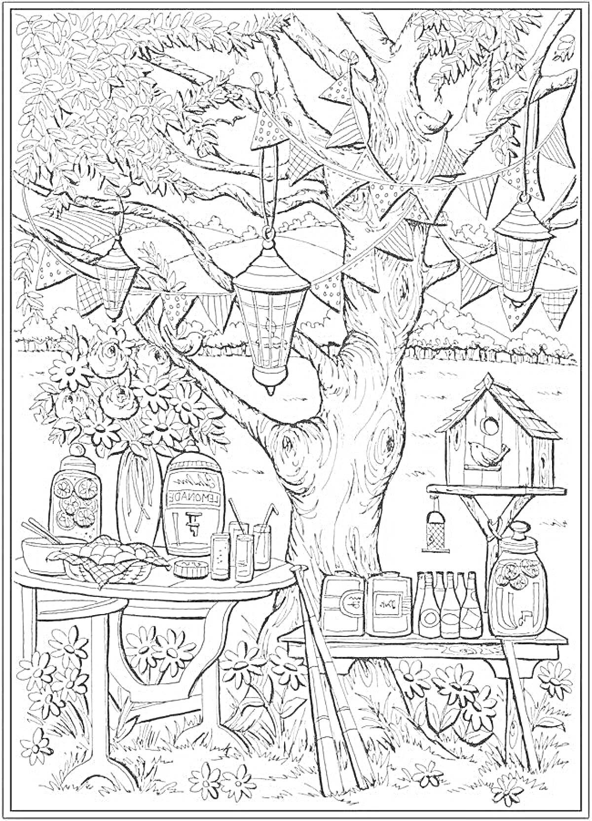 Раскраска Пикник на природе с гирляндами, фонариками и декоративными элементами на дереве, стол с угощениями и напитками, скворечник и садовый декор